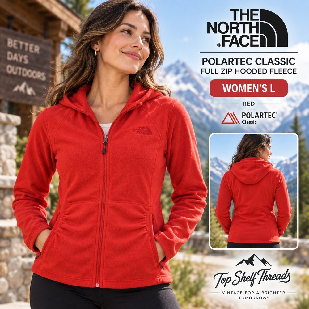 The North Face Women L Red Polartec Classic Hooded Full Zip Fleece Jacket Hiking